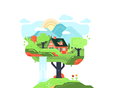 Tree 2d color fall forest house illustration landscape shape vector