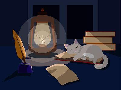 Cozy evening cat design feather illustration light ui vector webdesign