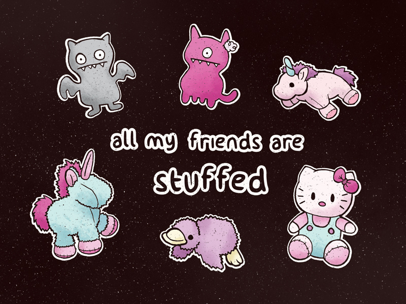 Friends bat horse duck unicorn hello kitty doll ugly pastel illustration animals stuffed friends
