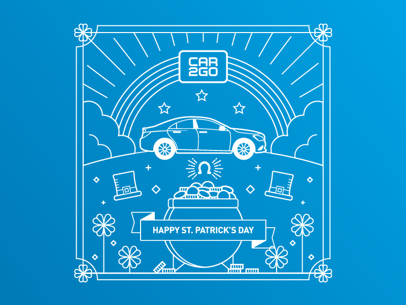 car2go St. Patrick's Day illustration cars car ribbon coins line art lines rainbow car2go pot of gold clover st. patricks day