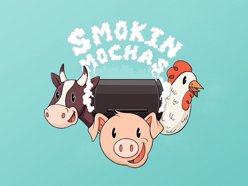 Smokin Mochas cute texture illustration cartoon happy meat pig chicken cow smoke grill