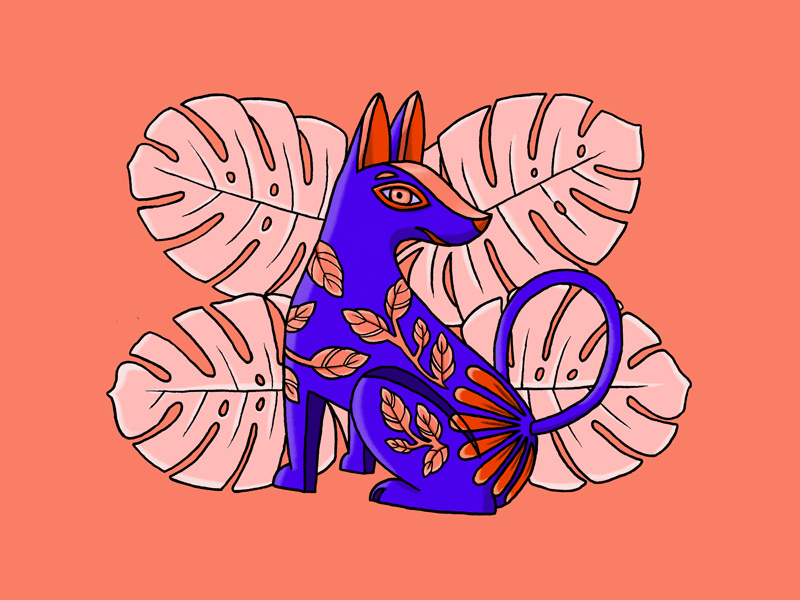 Little Friend design drawing illustration blue flowers leaves mexican culture tropical dog spirit alebrije