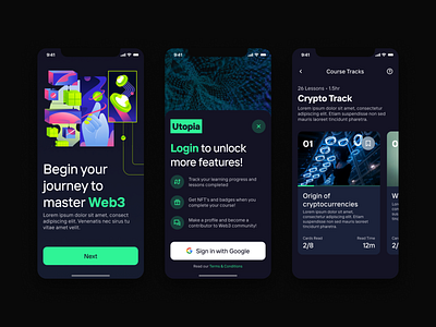 Utopia - Your Web3 Companion app app flow articles cards course dashboard lessons news onboarding ui ux web 3 web 3.0