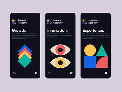 Scientia Academy Onboarding Screens branding colorful dark geometry ios design logo onboarding shapes splashscreen ui ux