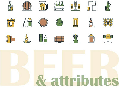 Beer icons barley beer bottle brewing hop line art outline