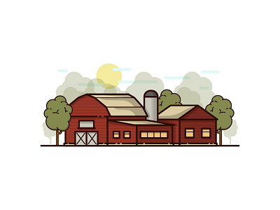 Farm clouds farm house landscape line art sun trees