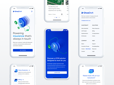 📱 GhostDraft Mobile Landing Page 3d blue brand callout design document footer help icon illustration info insurance mobile newsletter payment saas shield slider software website