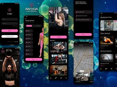 Antiqa Gym Service (Green/Blue) branding figma graphic design gym gymapp mobileapp photoshop ui uidesign uiux workout