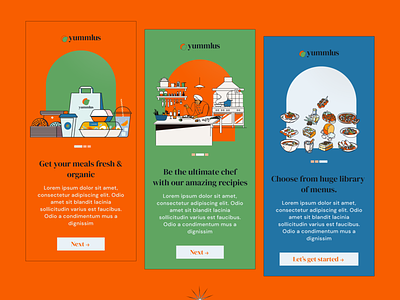 Yummlus app UI | onboard screen design. app design app ui branding clean color combination design eat food illustration logo meal meal kit minimal mobile mobile design onboarding screen product design ui ux