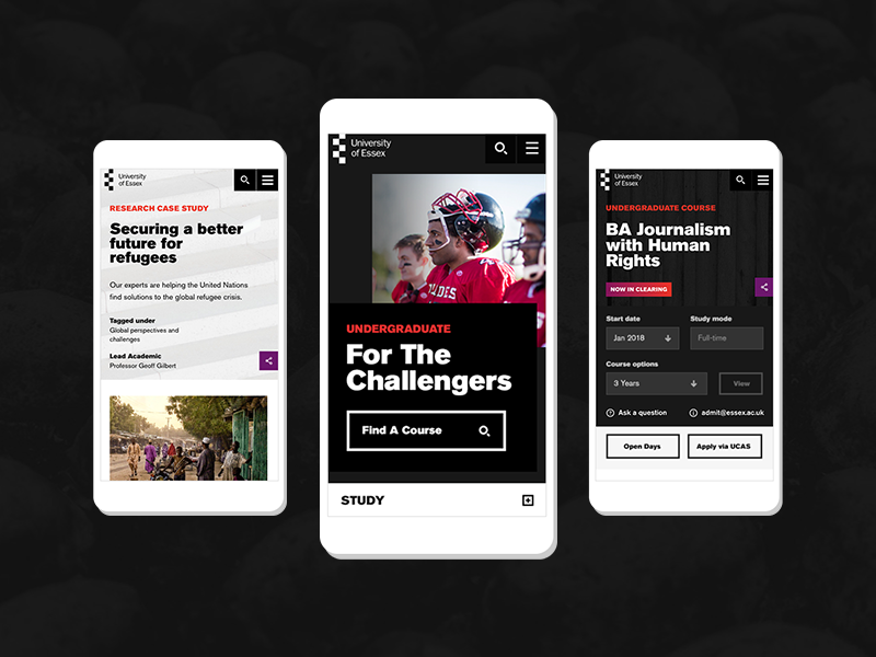 University of Essex - Mobile Designs. responsive mobile typography gradient branding layout ux ui digital case study website