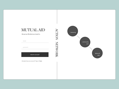 Mutual Aid Action Network - DailyUI 001 blackandwhite brutalist care community create account dailyui 001 dailyuichallenge figma form graphic design landing leanleft minimal mutual aid reparations sign in signup trending typogaphy web page