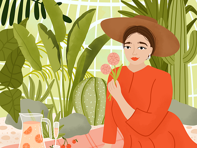 Editorial illustration - girl in botanical garden