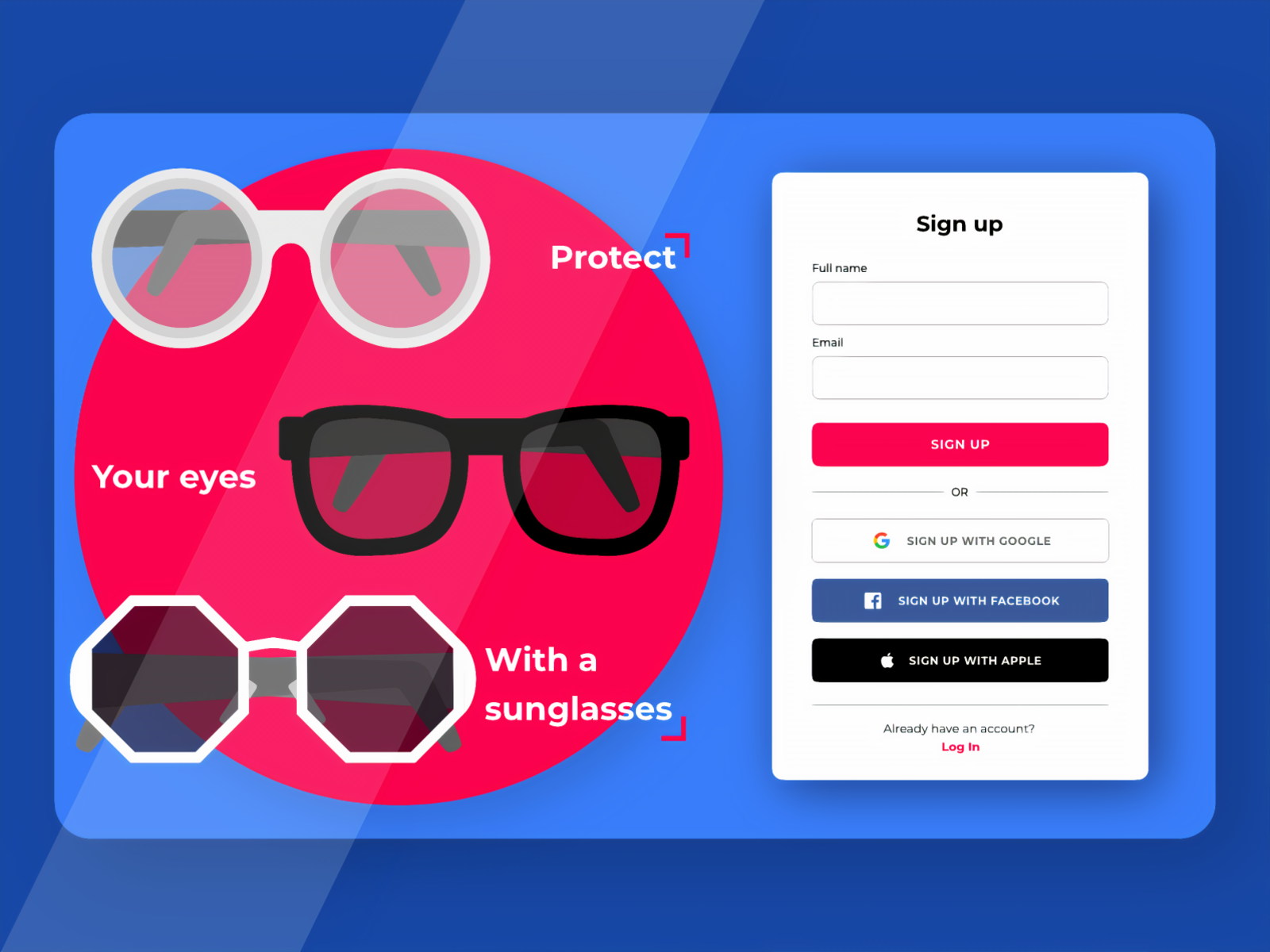 Sunglasses Store sign-up page Concept adobe xd concept glasses illustration playoff soft shadows store design vector