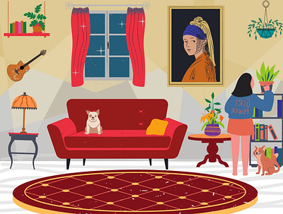 Regular day of the " Lady of home " adobe photoshop cartoon illustration cat colorful creative design design digital art digitalart dog illustration girl character girl illustration guiter holiday design home illustration illustrator nature illustration regular day vases vector