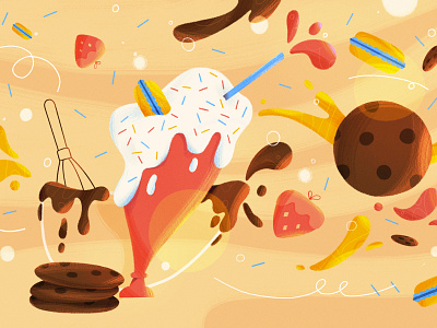 Happiness is milkshake! cookies editorial illustration energy bar food and drinks food illustration illustration milkshake movement strawberries