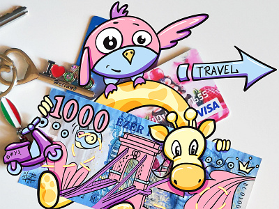 Bird and Giraffe travelers art banknote character design digital digital art digital illustration illustration illustrator travel vector