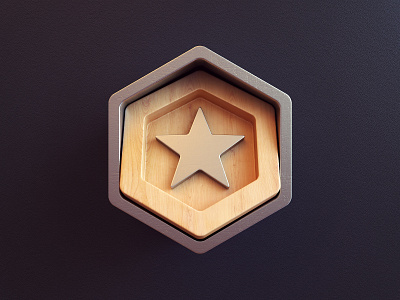 Badge 3d award badge design hexagon icon metalic render star webshocker wood