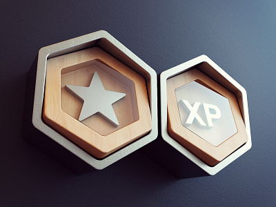 Badges - perspective 3d app art award branding design game icon illustration metalic render webshocker website wood