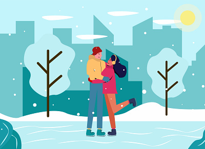 Loving couple skating on the lake adobe illustrator boy couple girl illustration lake love lovers loving skating snow vector winter