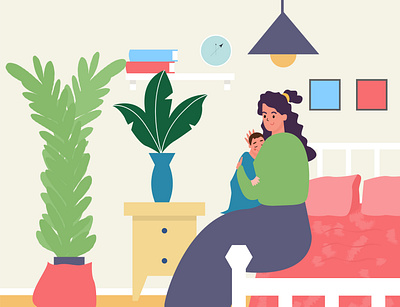 Mother and son adobe illustrator boy flat flat character girl illustration interior love mother day motherhood room vector woman