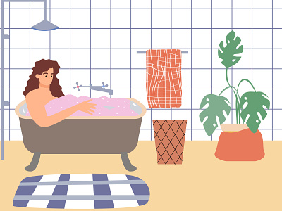 Bathroom treatments adobe illustrator bathroom bathroom design bathroom treatments concept flat illustration girl in the bathroom illustration monstera shower vector vector character