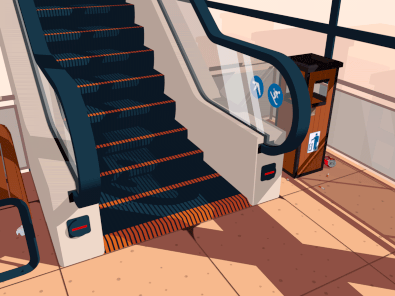 Escalator animation cel shading escalator evening flat illustration loop mall minimal motion graphics trashcan
