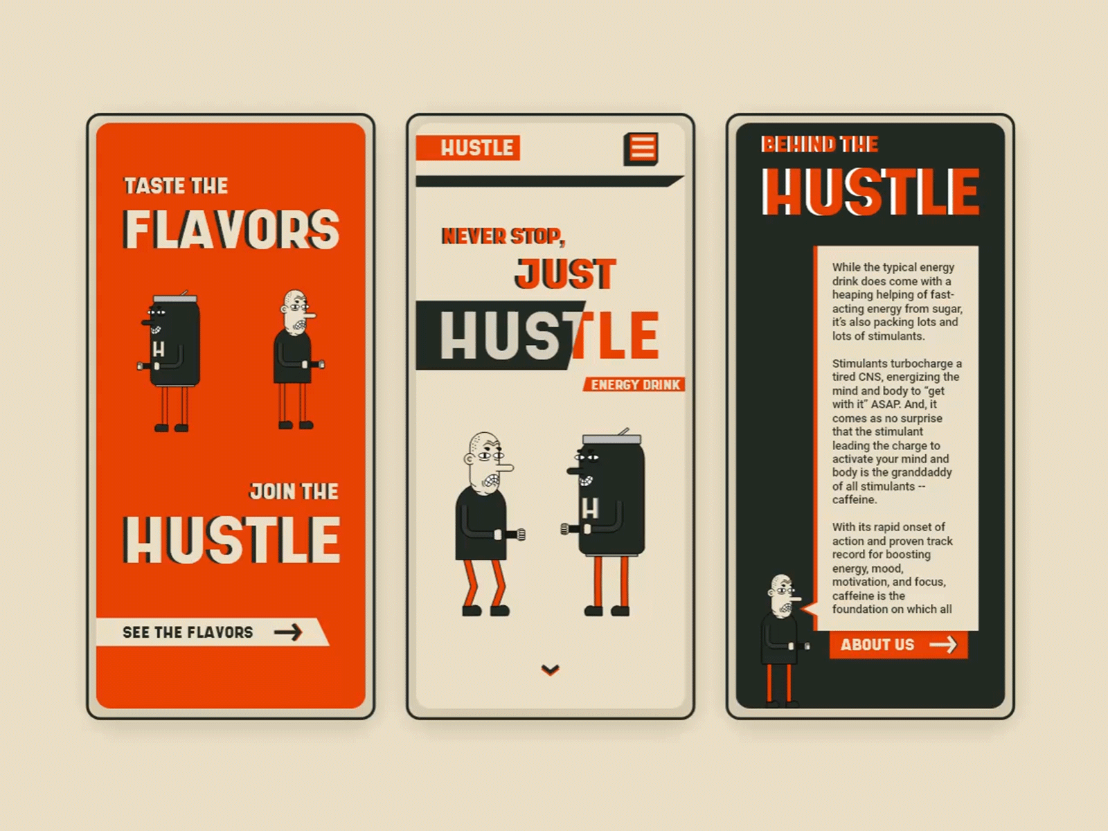 Hustle animated app app design cartoon characters energy drink fun hustle illustration old fashioned red typography ui ux web