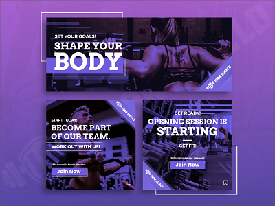 Social Media designs for "Iron Shield" activity design fitness graphic design gym illustration illustrator photoshop purple social media sport typography