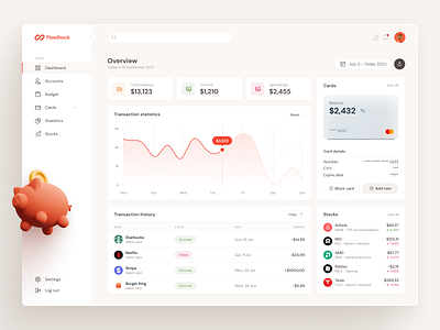 FlowStock - UI dashboard web app 3d app budget dashboard design finanse fintech piggy bank stocks ui web app