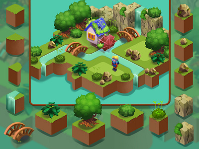 Isometric location and tile set 2d art building character game game design gameart illustration location tileset