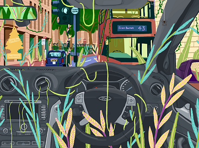 Jungle Journey car digital art digital illustration ford illustration london nature nature art nature illustration plants psychedelic tfl workfromhome