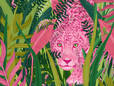 Pink Panther digital art digital illustration frog illustration jaguar jungle leopard nature nature art nature illustration panther plants tropical
