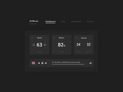 Daily UI 034 / Car Interface app car car interface card challenge dailyui dailyui034 dailyuichallenge dark dark ui drive driving interface menu music player player smartcar time ui uidesign