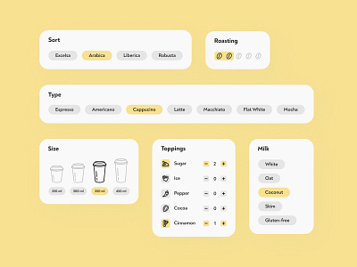 Daily UI 043 / Food/Drink Menu coffee coffee bean coffee cup coffeeshop components configurator constructor cup dailyui dailyui043 dashboard design figma icons menu menubar minimal mobile design ui uidesign