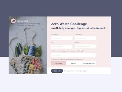 Zero Waste Challenge | Daily UI 001 dailyui dailyui 001 dailyuichallenge food food app green login signup skincare sustainability web zero waste