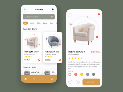 Furniture e-Commerce Mobile App Design all android app cart chair design ecommerce furniture hire ikea interface ios mobile product shop table ui ux