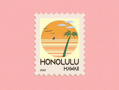 1 - Honolulu, Hawaii - Post Stamp design illustration illustration art illustrator pink stamp stamp design