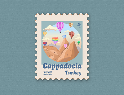 20 - Cappadocia, Turkey - Post Stamp art artwork blue cappadocia design hot air balloons icon illustration illustration art illustrations illustrator stamp stamp design turkey