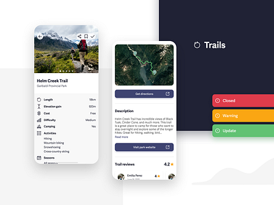 Trail - Discover Trails & Parks - Trail screens app appdesign environment hiking icons map nature outdoors trails ui ux uxui