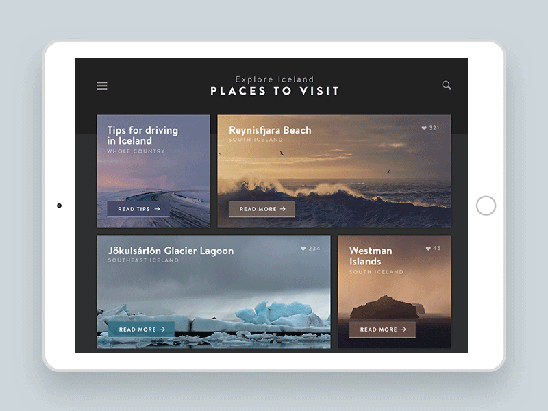 Travel Destination Website – Iceland animation boxes grid iceland mobile photo photograpgy travel ui ux webdesign website