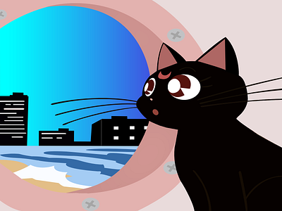 Merlin the Moon Cat affinity designer art artist artwork beach black cat design illustration kitty kitty illustration moon moonlight pink sky water