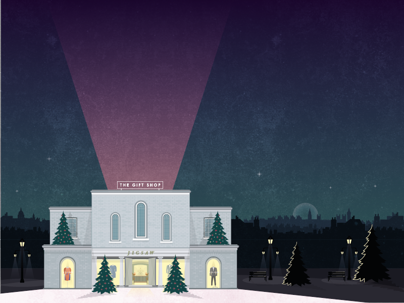 The Gift Shop christmas evening skyline chelsea london building facade vector illustration