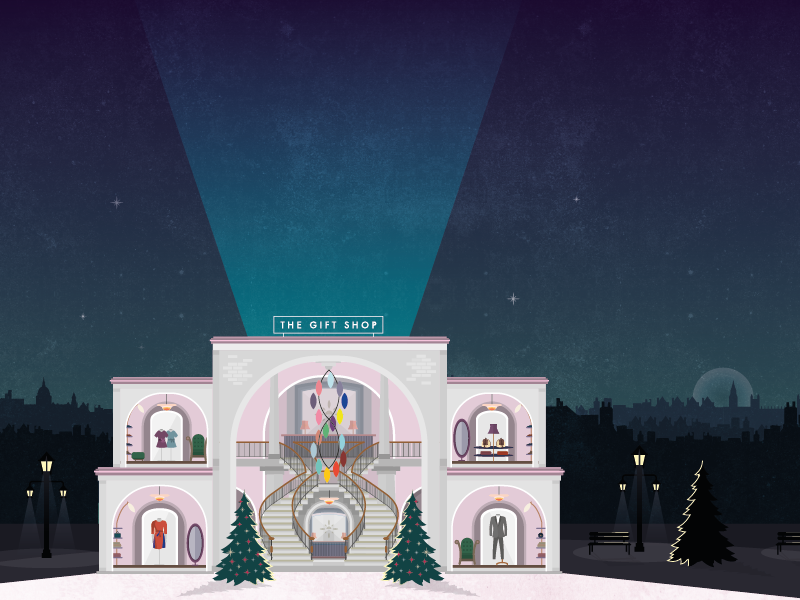 The Gift Shop: Interior christmas evening skyline chelsea london building facade vector illustration