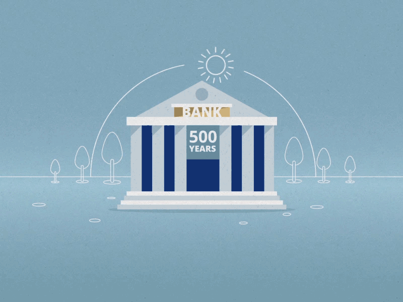 500 Years of Banks animated bank blue building coporate finance institution line motion
