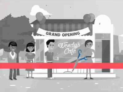 Grand Opening animation cafe cutting flat gif motion ribbon scene shop tape tree vector