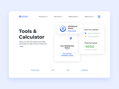 Quicko | Tools and Calculator branding business calculator fintech gst income tax landing page product saved tax taxes tds tool tools ui uiux ux web web design