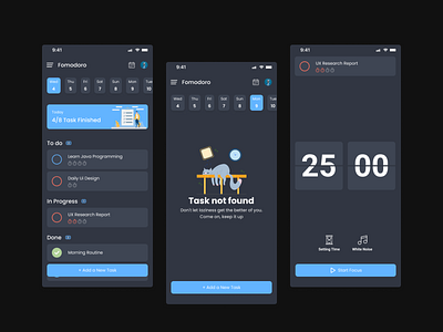 Fomodoro - Task & Pomodoro App clean clean design dark dark mode design empty state mobile app mobile app design pomodoro task time ui visual design