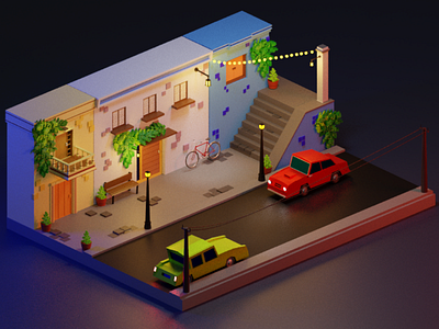A beautiful scene. 3d 3dblender alley art blender car city illustration illustrator lights lowpoly night render romanklco