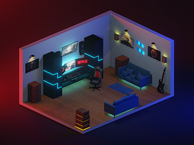 Gaming room. 3d art blender3d concept emission gameroom gamesetup gaming illustration illustrator lights render rendering romanklco setup