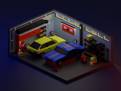 Low poly garage 3d art car concept diaroma gaming garage isometric lights lowpoly render rendering romanklco